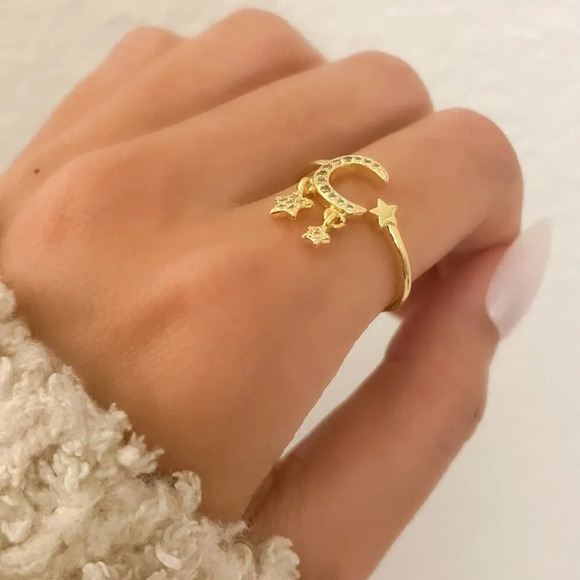 925 Sterling Silver Dangle Moon & Star Ring Gold Ring Dainty Gold Ring - Picture 5 of 7